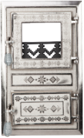 Monobloc Stove Door with Glass Romanian Motifs Nickel-Plated / h[mm]: 475; l[mm]: 295